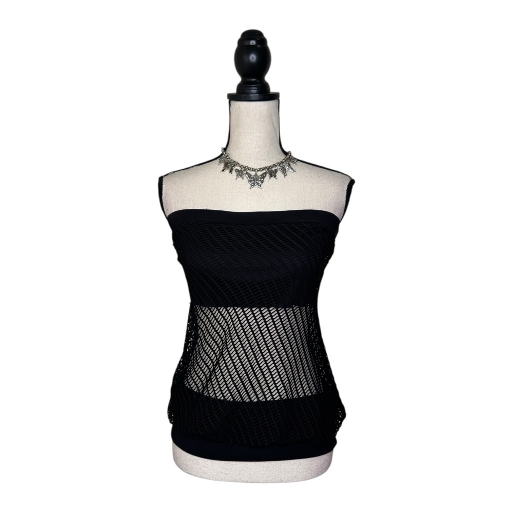 Y2K Bluoi Black Fishnet Strapless Sheer Bubble Tube Top Size Large